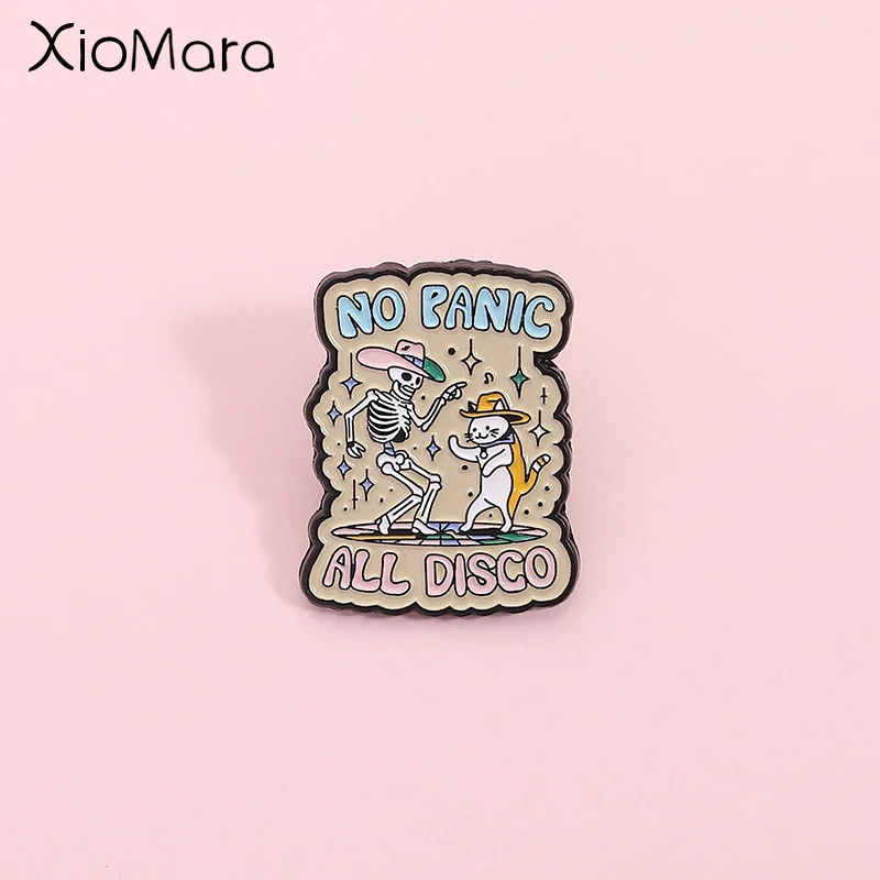Retro Disco Enamel Pin Funny Skeleton Cat NO PANIC ALL DISCO Brooch Lapel Backpack Badge Jewelry Gift