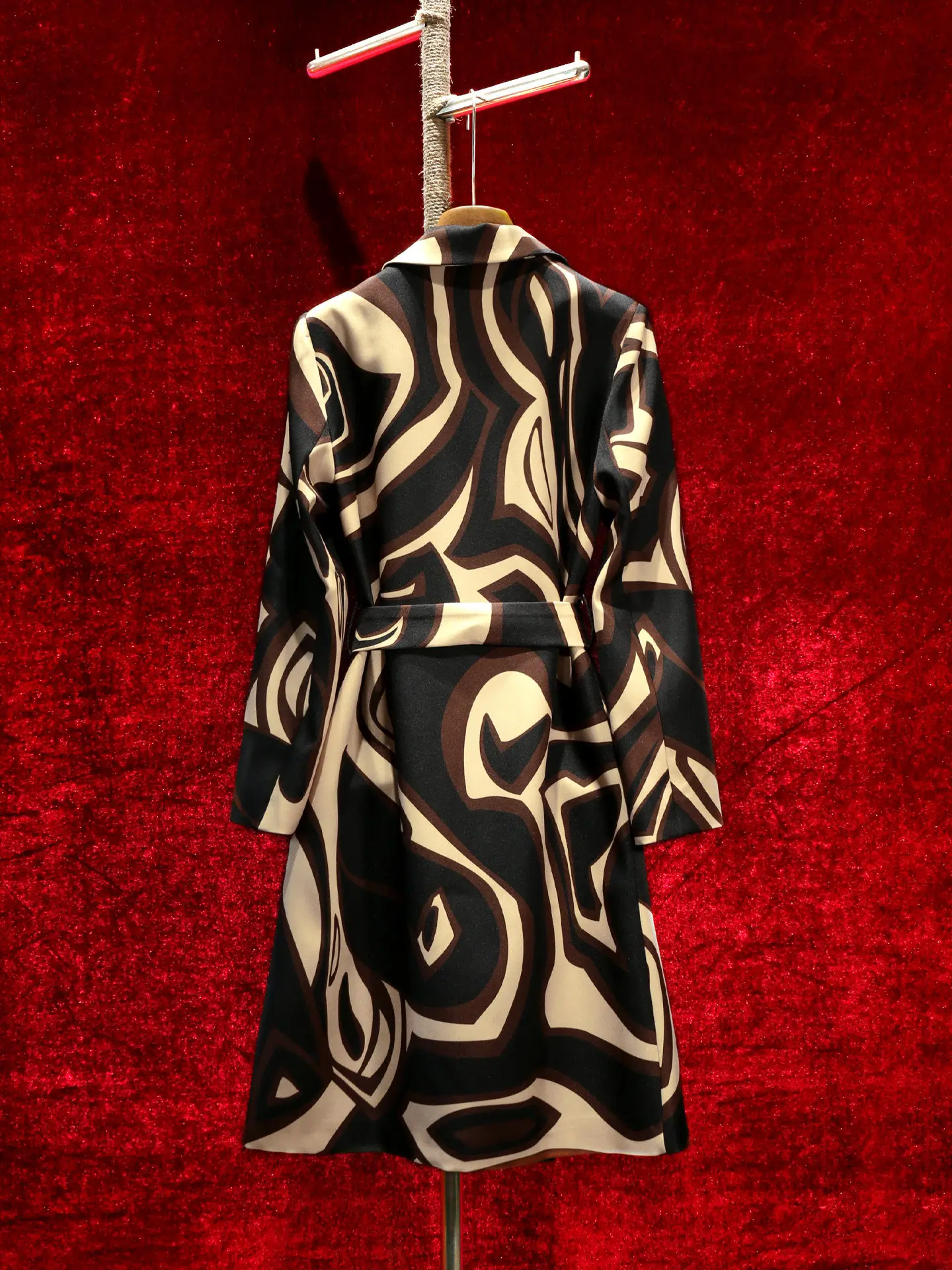 High Quality New Spring Autumn Elegant Long Sleeve Windbreaker Mid-long Geometric Printed Double-breasted Female Trench Coats