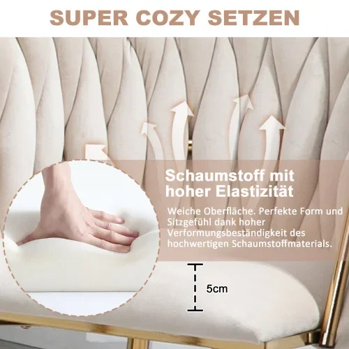 Moderne luxe fluwelen eetkamerstoelenset met gouden metalen poten, elegant en geweven ontwerp en zachte kussens (set van 2)