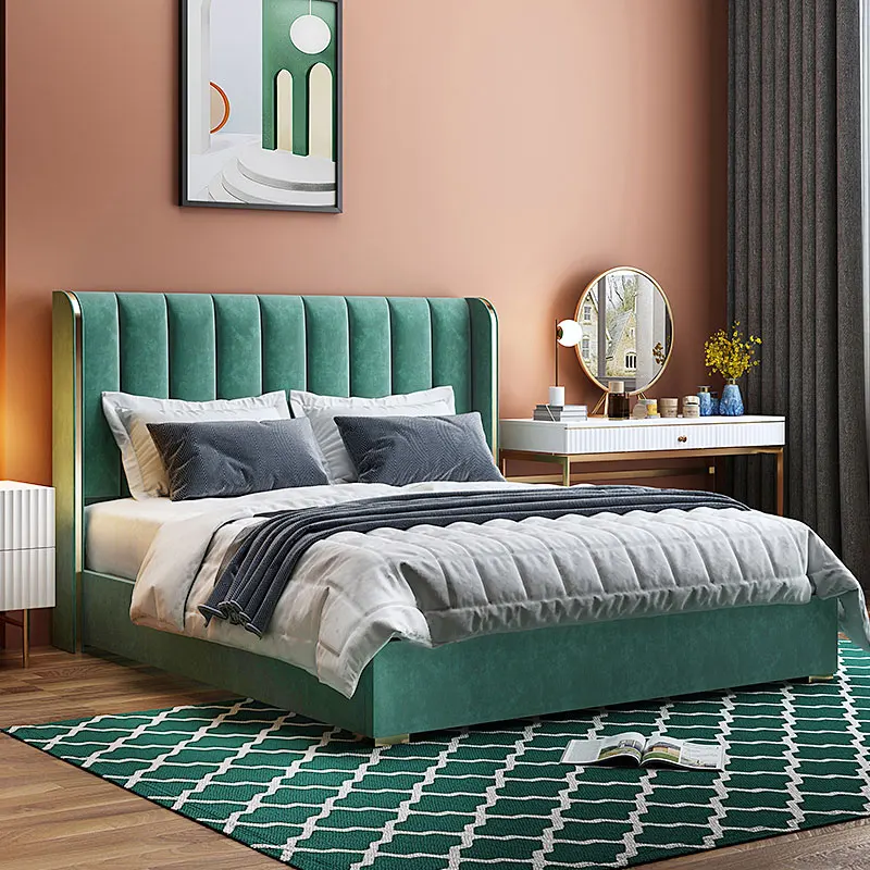 Italian Modern Design Wooden King Bed Home Furniture Bedroom Set Simple Wood Frame Luxury Leather Upholstered Double Bed