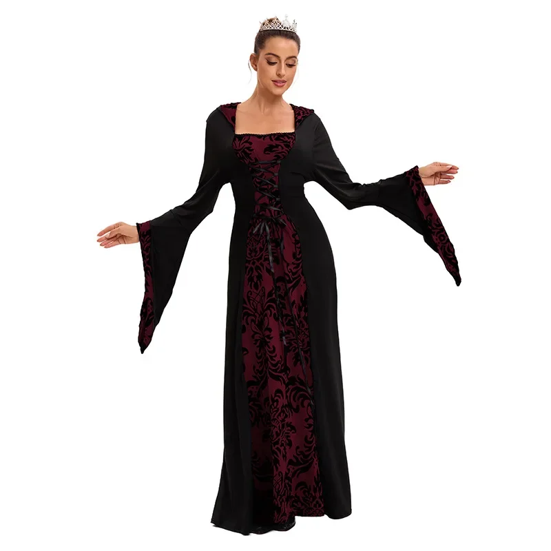 European and American Women's Clothing Dinner Medieval Hooded Pendulum Dress Printed Retro Literary Long-sleeved Lace-up Waist