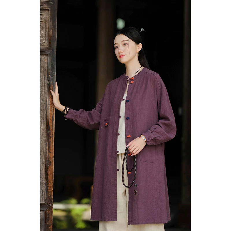 芸術スタイル春の新作女性ルーズ長袖 O ネックブラウスカジュアル良質ヴィンテージコットンリネンシングルブレストシャツ Y205