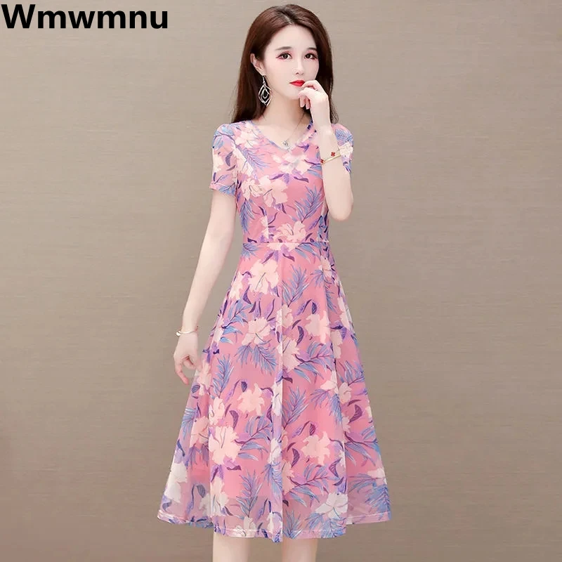 

Chiffon Print A-line Beach V-neck Dress Korean Elegant Slim Casual Dresses Summer Oversize 5xl Women's Vestidos Para Mujer New