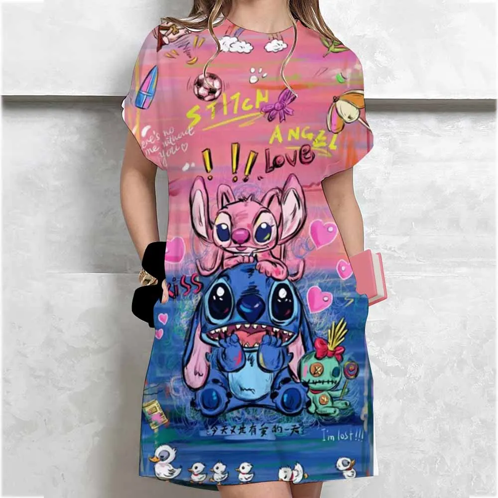 トレンドレディースラウンドネック膝上丈ドレスカジュアルディズニーステッチプリントミニドレス夏半袖クールロングTシャツ