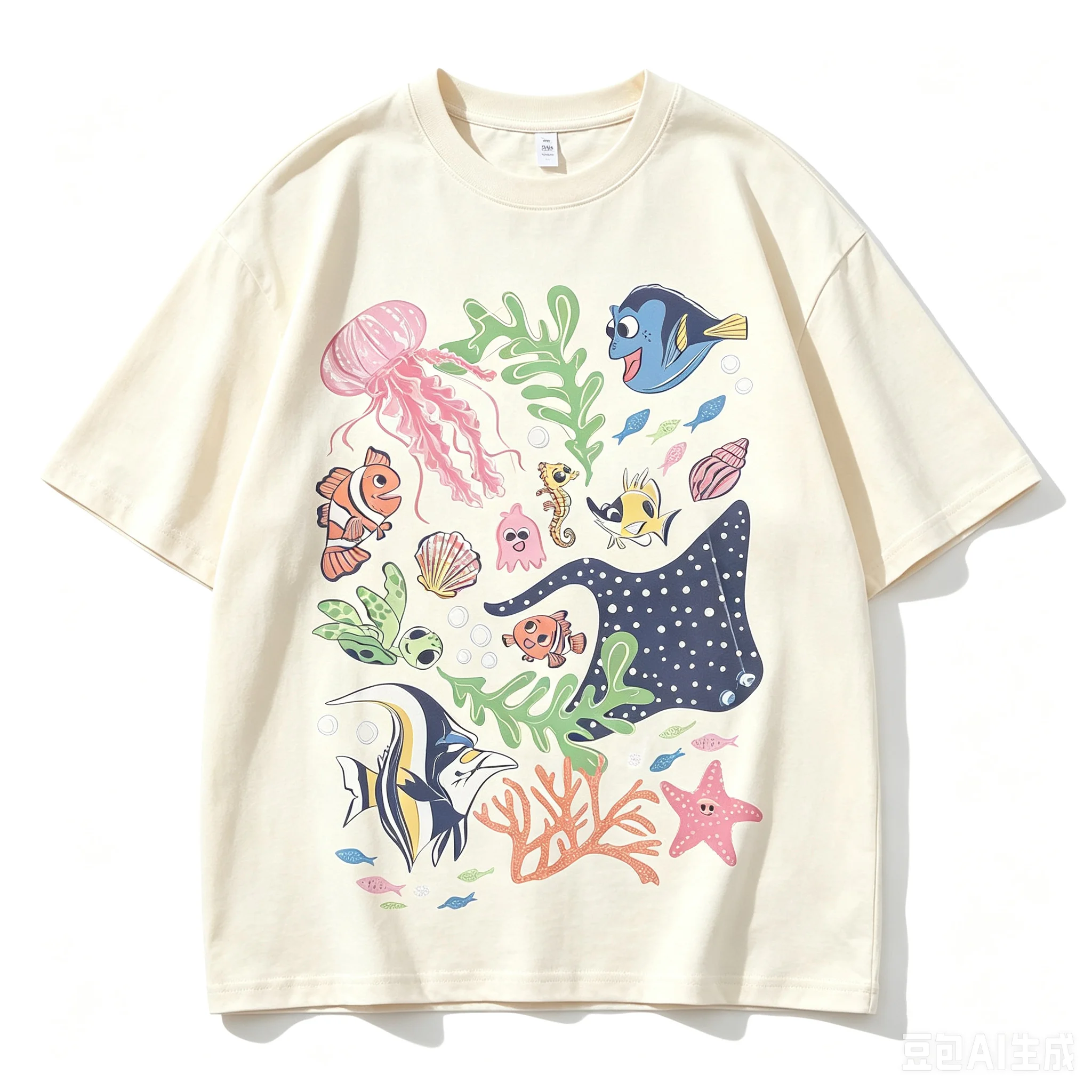 1pc Cute Ocean Sea Creature Cartoon Clownfish Jellyfish Cotton T shirt Unisex Men Women Kids Streetwear Casual Short Sleeve Tops