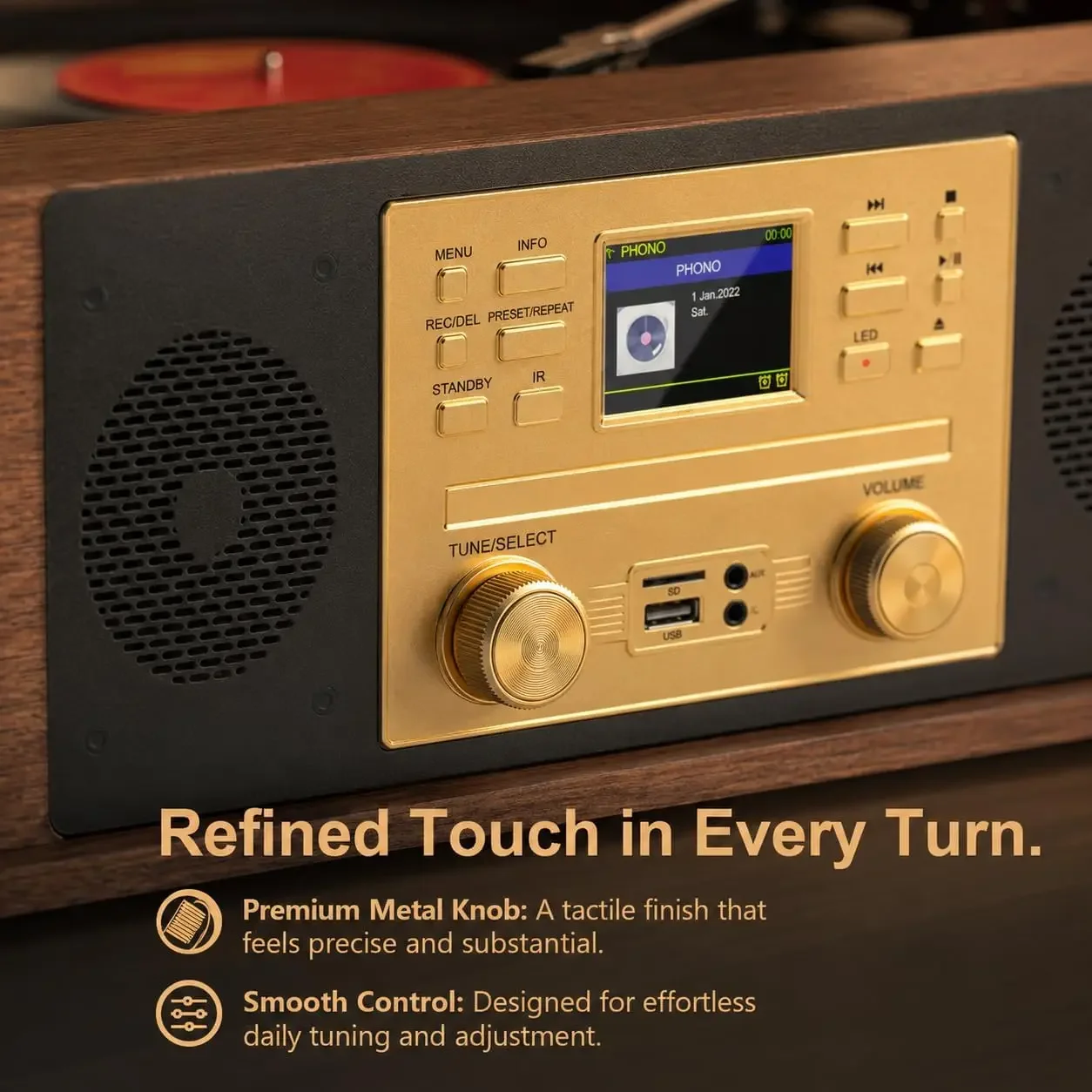10 in 1 Record Player Multimedia with Speakers, CD Player, Bluetooth Receiver, Internet Radio, USB Recording, 3-Speed Turntable,