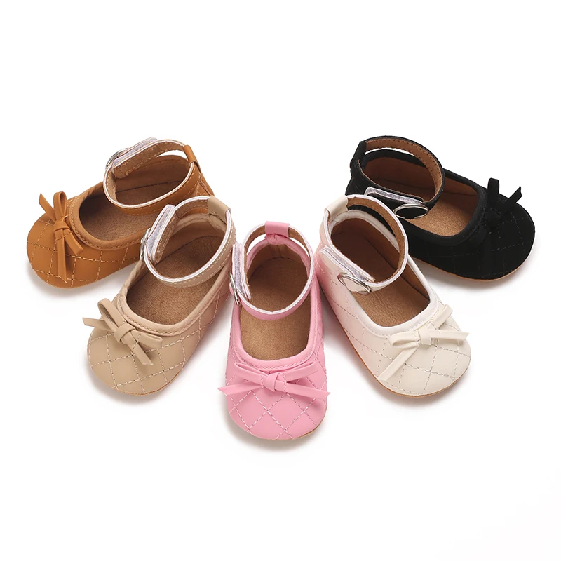 Baby Birthday Party Shoes 5Colors Toddler Bowknot Non-Slip Rubber Soft-Sole Flat PU First Walker Newborn Bow Decor Mary Janes