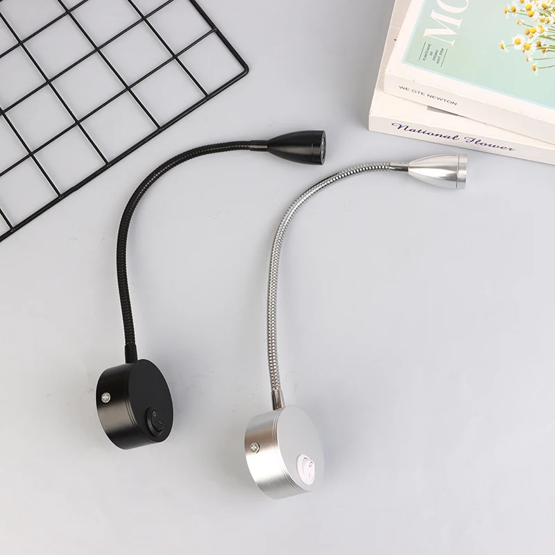 Luz LED de lectura de 1W, lámpara de pared de cuello de cisne negro y plateado para cabecera de cama, escritorio, interruptor de mesita de noche, 6000K
