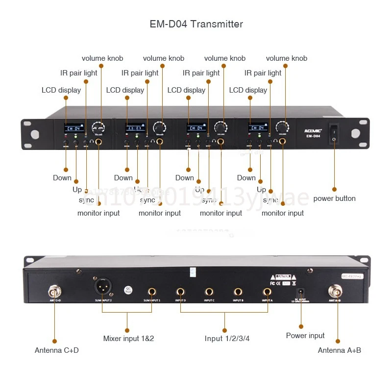 EM-D04 Wireless In Ear Monitor System 4 Channels Transmitter Host With 4 Bodypack Receivers For Stage Performance Return