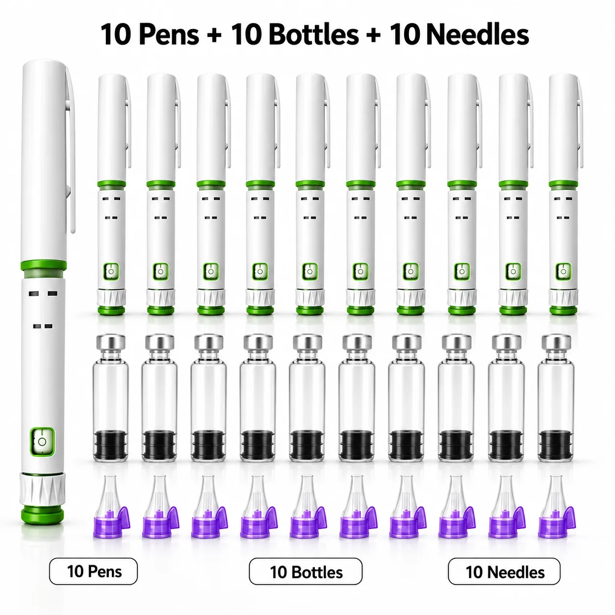 30PCS Green Disposable Insulin Injection Pen Kit 5mg 10mg Adjustable Dose Injector, 10 Pens 10 Bottles 10 Needles Precise Dosing