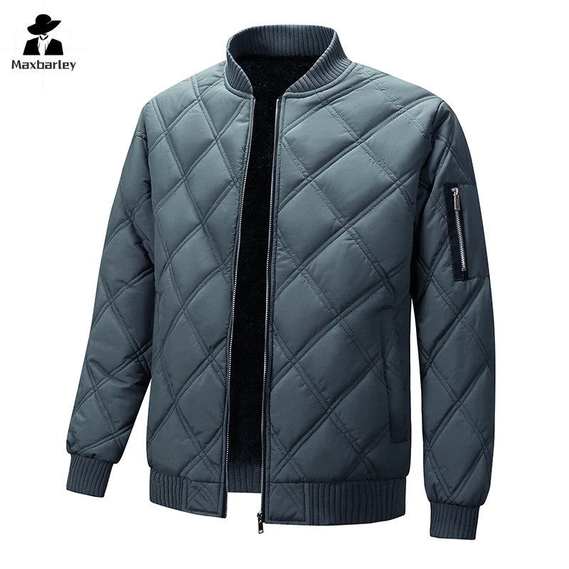 2024 New Winter Warm Baseball Jacket Men's Trendy Casual Thickened Rhombic Quilted Cotton Padded Jacket Male Business Warm Coat