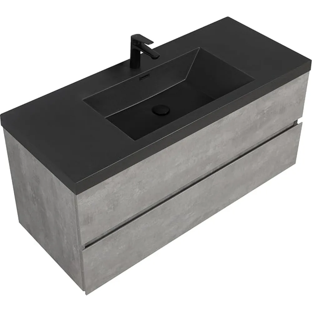 

48 inch Floating Bathroom Vanity with Sink, Modern Wall-Mounted Bathroom Storage Vanity Cabinet with Black Quartz Sand Top Basin