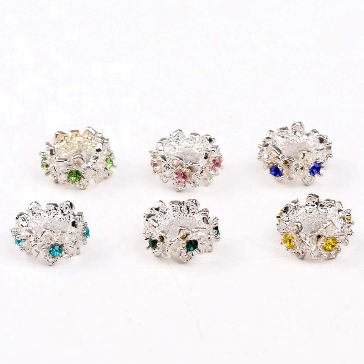 5pcs/10pcs Silvery Embed Rhine Stone Flower Large Hole Zinc Alloy Beads with 8mm Drilled Holes Beads for Pen Making Loose Spacer