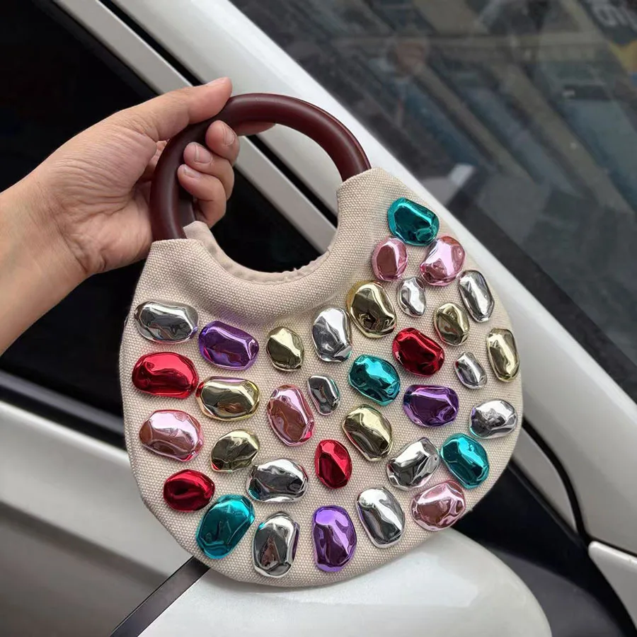 

Candy Color Rhinestone Women's Bag NEW Luxury Designer Evening Bags for Women Round Handle Handbags Canvas Party Wedding Clutch