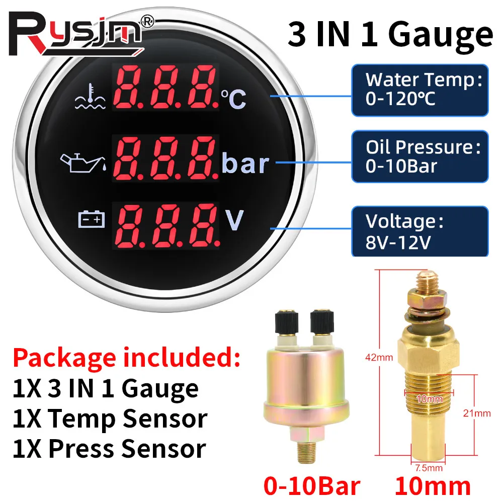 3-in-1 Digitalanzeige 52mm + Temperatursensor + Drucksensor 0~120 ℃ Wassertemperaturmesser + Öldruckmesser + Spannungsmesser mit Alarm – Detail 1