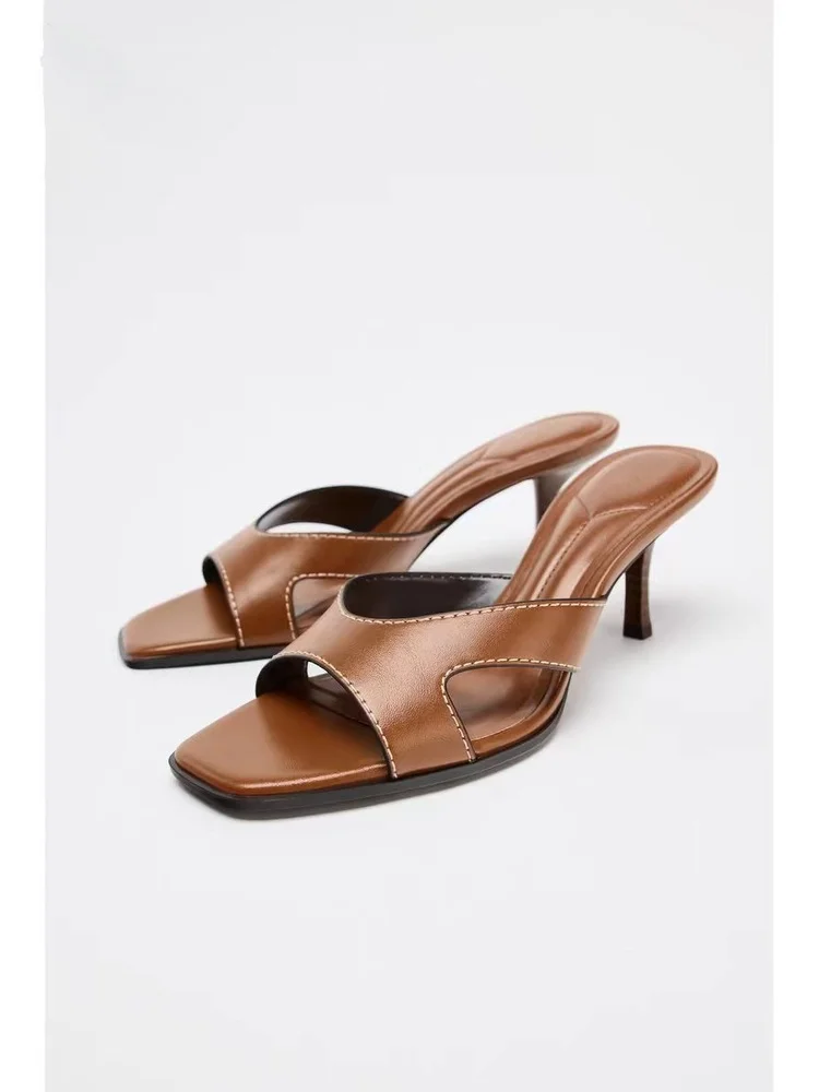Brown Embroidered Line Decorative Square Head Thin High Heel Sandals New Summer Women's Shoes Fashionable Glue Adhesive Shoes