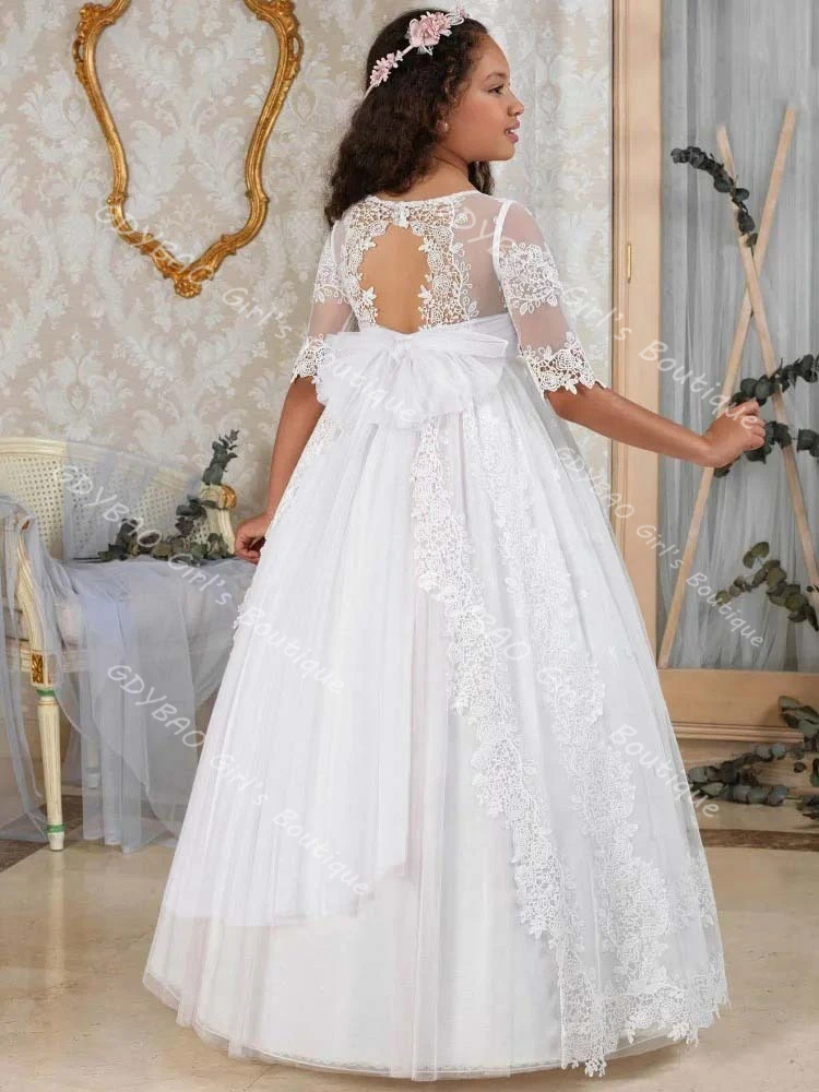 Vintage Lace First Communion Dress Half Sleeves Keyhole Back Princess Flower Girl Dress with Sash/Ribbon Kids Custom Party Gown