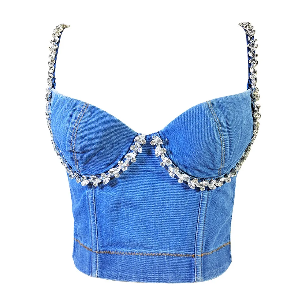 

Sexy Denim Corset Top - Rhinestone Boned Bustier Bralette, Cowgirl Deep Back Waist Trainer, Pure Style Short Crop Top for Women