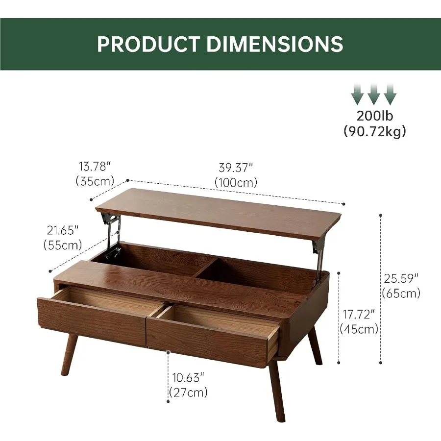 Solid Lift Top Coffee Table for Living Room: hardwood, walnut finish, smooth hydraulic lift mechanism