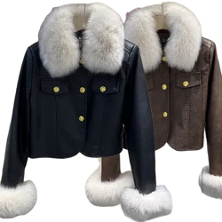 French Elegant Real Fox Fur Collar Leather Jackets for Women 2023 Winter New Short Moto Biker PU Leather Coat Female Y4685