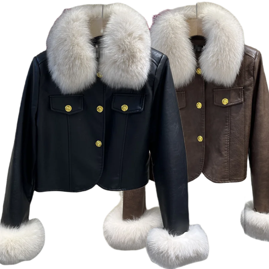 French Elegant Real Fox Fur Collar Leather Jackets for Women 2023 Winter New Short Moto Biker PU Leather Coat Female Y4685