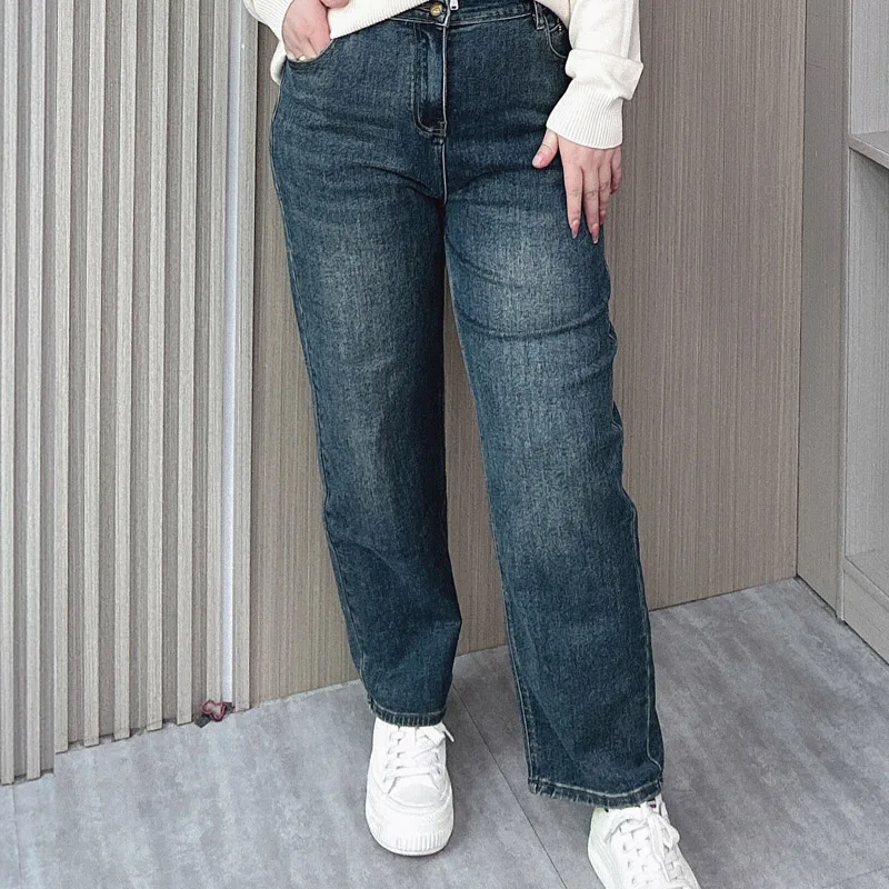 Spring/Autumn Plus Size Women's High Waist Stretch Jeans Female Loose Slim Straight Leg Casual Pants 8619