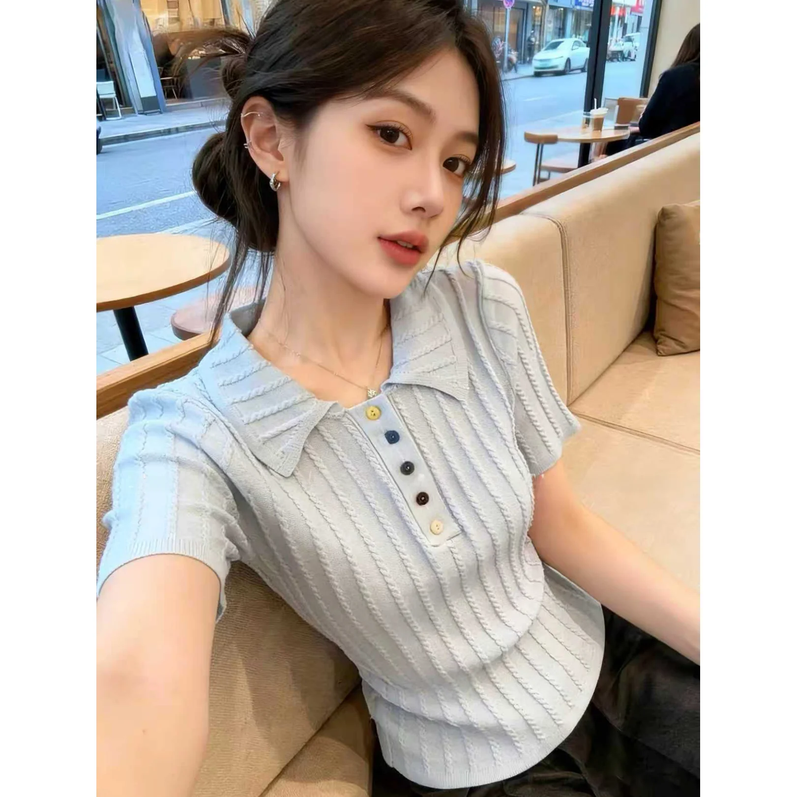 

Summer New Style Women's Knitted Short Sleeve T-shirt with Button Self-Keeping Soft Button Slim Fit Korean Version