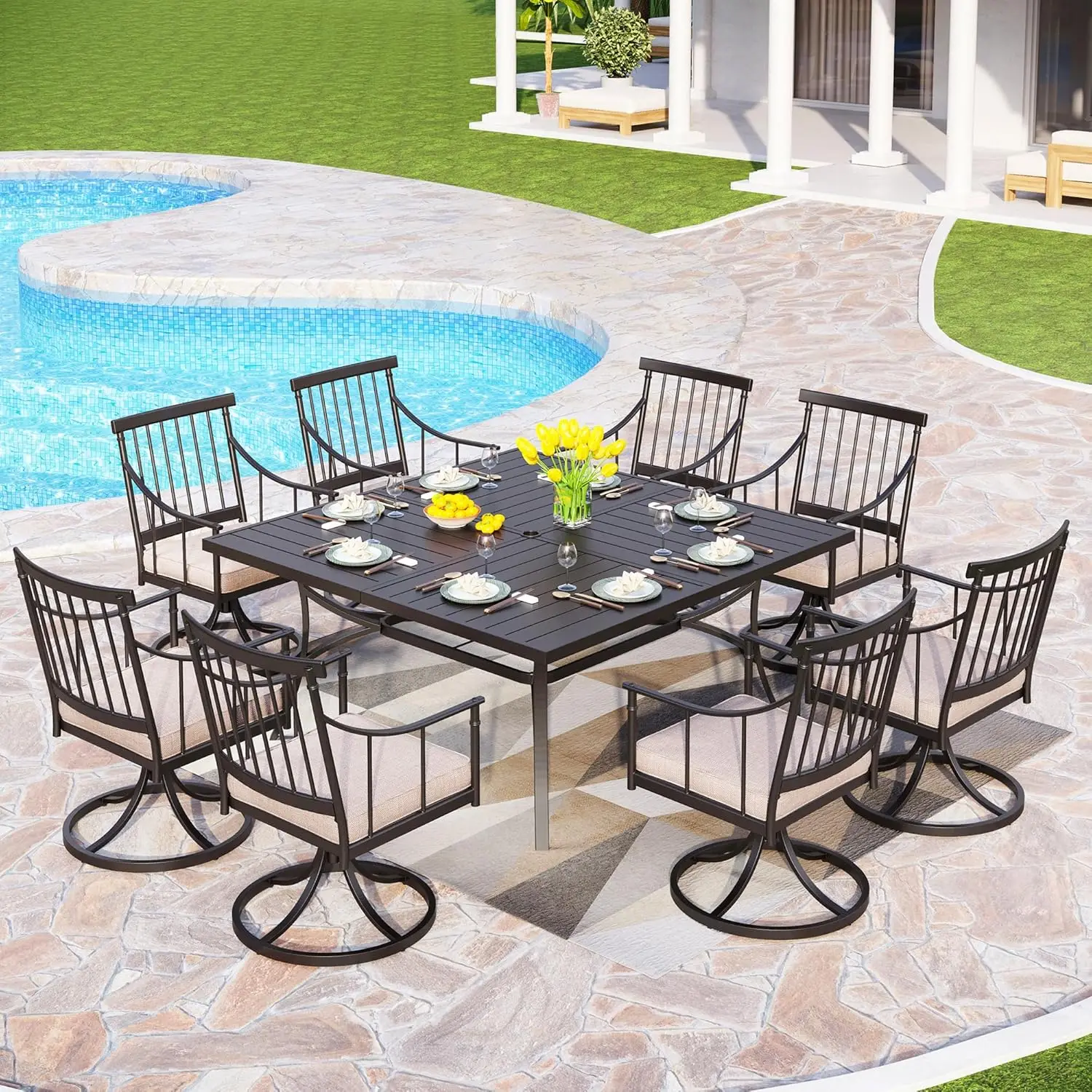 9 Pieces Outdoor Dining Table Set for 8, 60” Square Wrought Iron Table & Heavy-Duty Steel Swivel Chairs