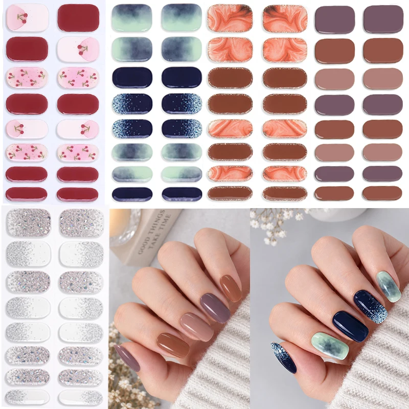 Semi Cured 16Tips Gel Nail Strips Solid Color UV Gel Nail Stickers Glossy Press On Nail Wraps DIY Manicure Nail Art Decoration