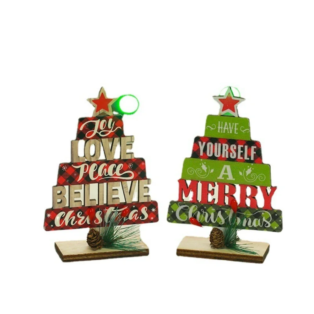 

2pcs Red Christmas Tree Ornament Wooden Hollowed-out Christmas Tree Shaped English Letter Tabletop Ornament Party Decoration