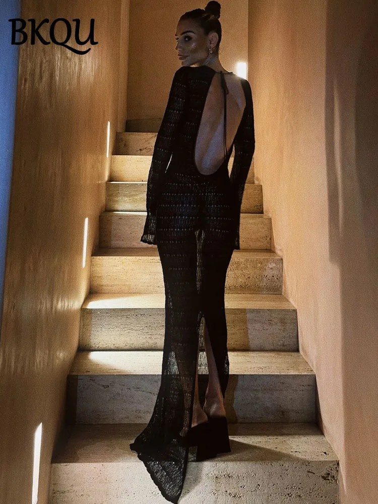 BKQU Hollow Out Knitted Maxi Dress Women Sexy Backless Lace Up Slit Evening Gown See Through Elegant Party Cover Up Long Dresses