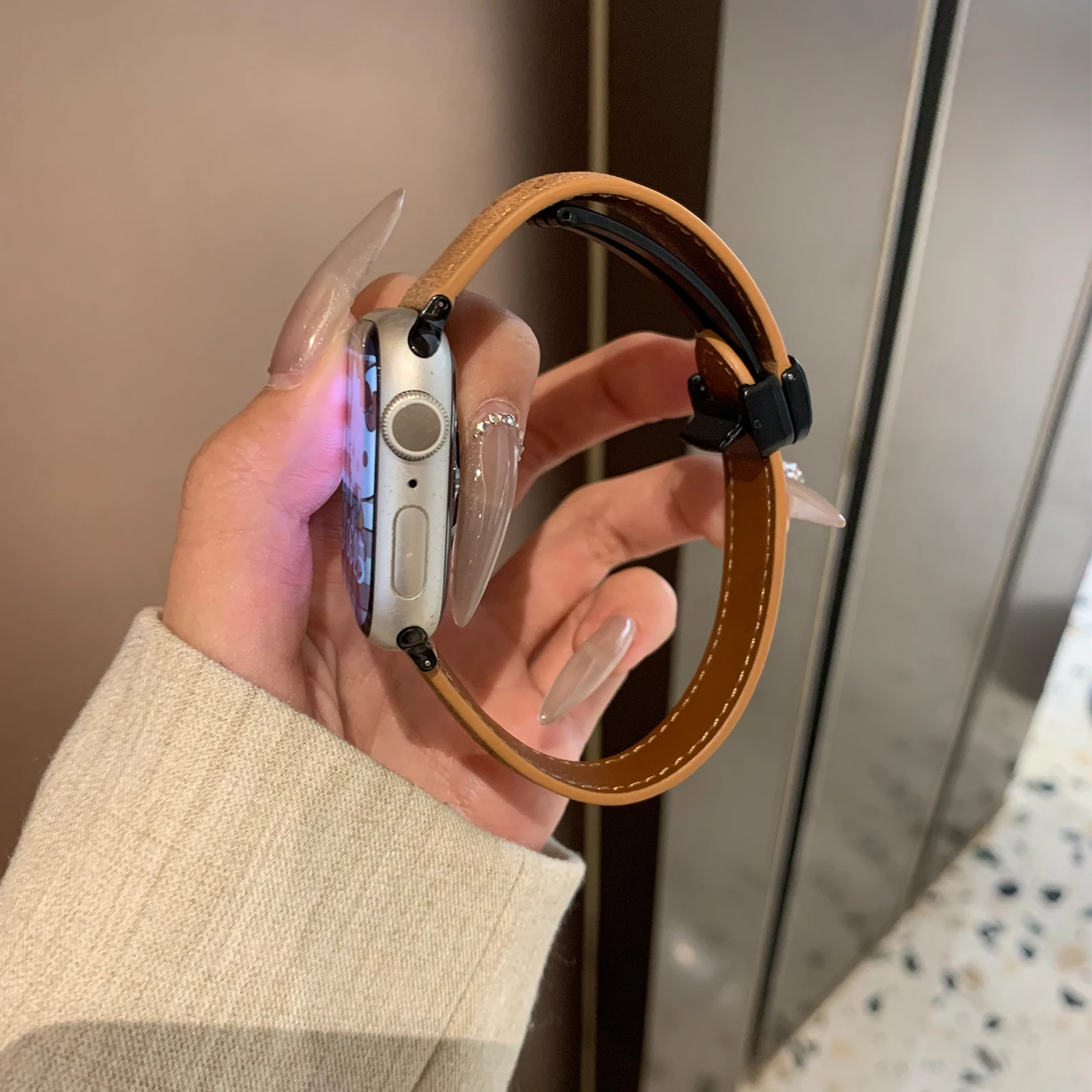 Bracelet en cuir pour Apple Watch, Bracelet chat mignon, Bracelet JOwith Iwatch98765SE Ultra40, 41mm, 44mm, 45mm, Structure magnétique pour femme