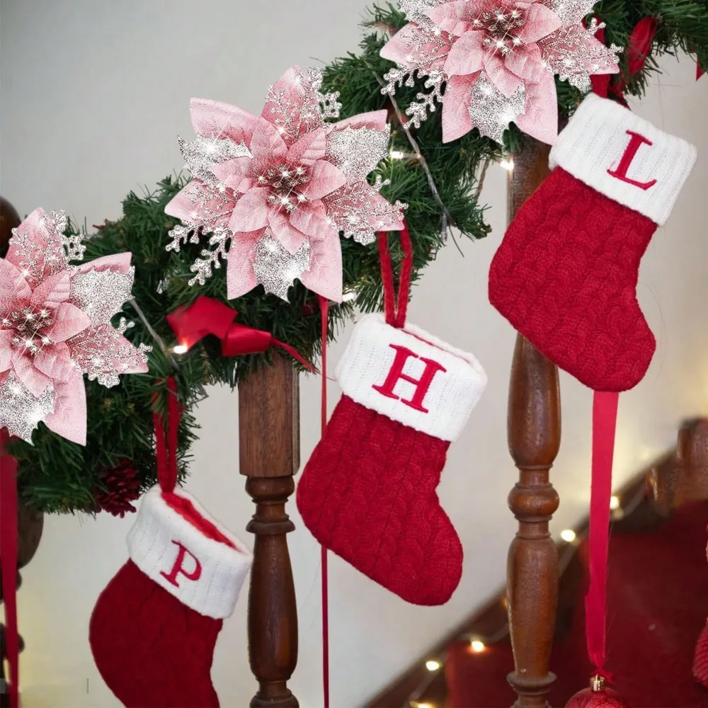 6/12Pcs 5.5Inch Christmas Tree Ornaments, Pink & Blue Glitter Artificial Poinsettia with Clips for Tree Wreath Decor - view 6