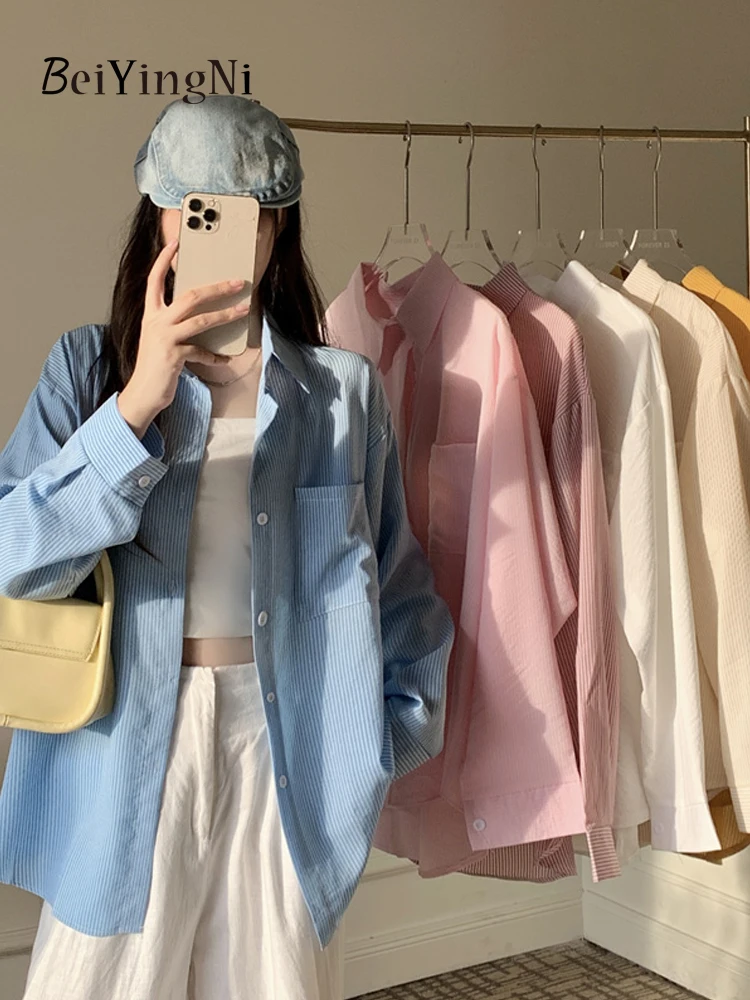 Beiyingni Women\'s Casual Striped Loose Shirts Vintage Harajuku Full Sleeve Top Female Buttons Luxury Kpop Style Blue Pink Blusas