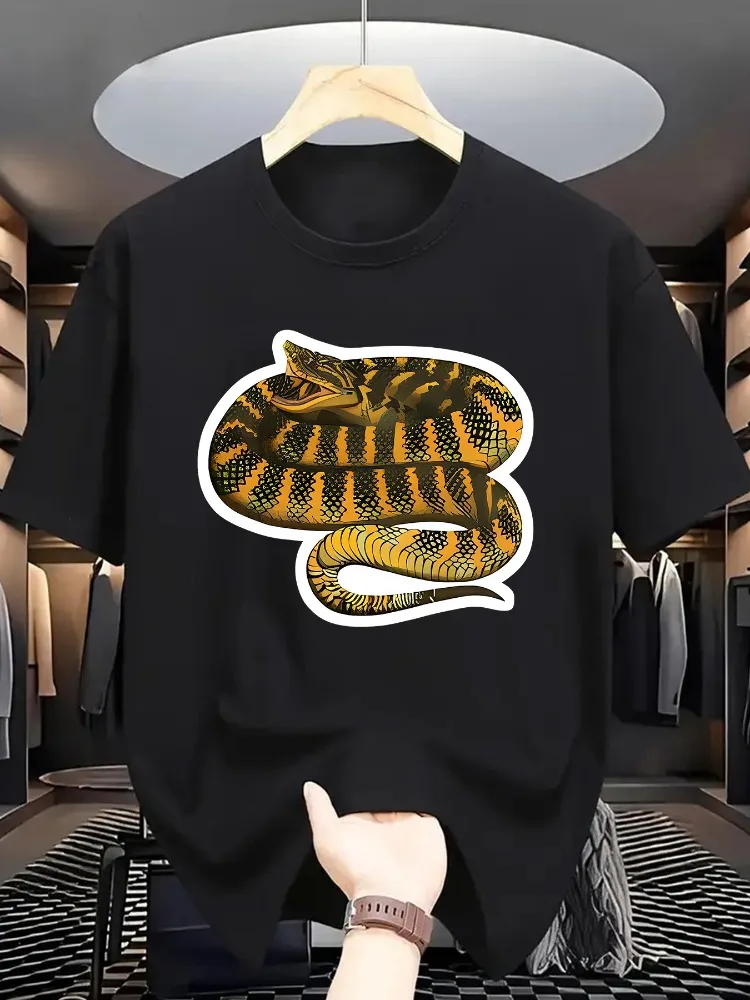 Men Summer Casual Short Sleeve T Shirt Vintage Yellow Python Snake Graphic Oversized Loose Tees Street Daily Fashion Tops