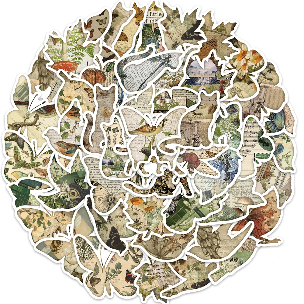 50PCS Vintage leaf Animals Stickers Butterflies And Kitten Graffiti Decals For Laptop Phone Shell Scrapbook Fridge Stickers