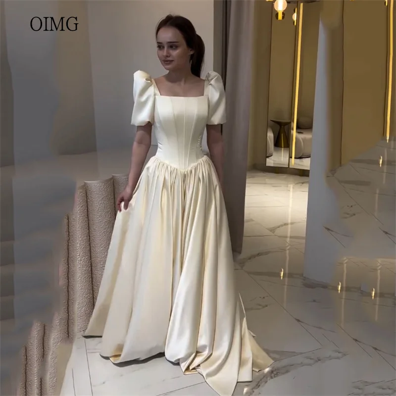 

OIMG Classic Square Neck A Line Prom Gowns Puff Sleeves Party Gown Floor Length Train Evening Dress vestidos de gala Customized