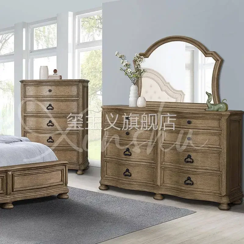 American country full solid wood bed villa master bedroom 1.8 red oak double bed French retro 1.5m pull button bed