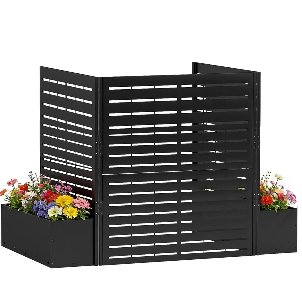Air Conditioner Fence 3 Panels Metal Privacy Screen with Planter Box Black Outdoor AC Unit Cover 40.7