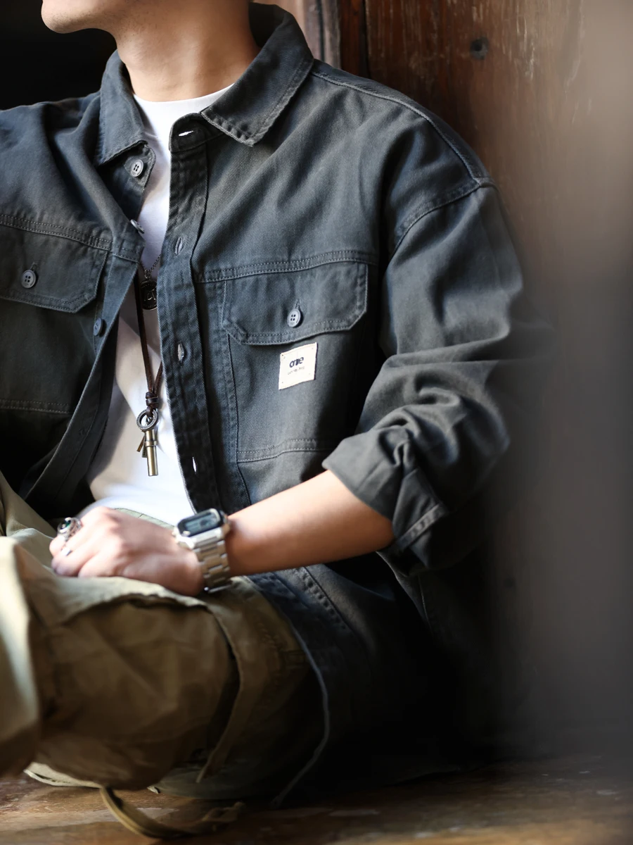 

American Sle Vintage Workwear Long Sve Men's irt Spring Autumn New Trend Loose Versatile Hunting irt Jaet for Men