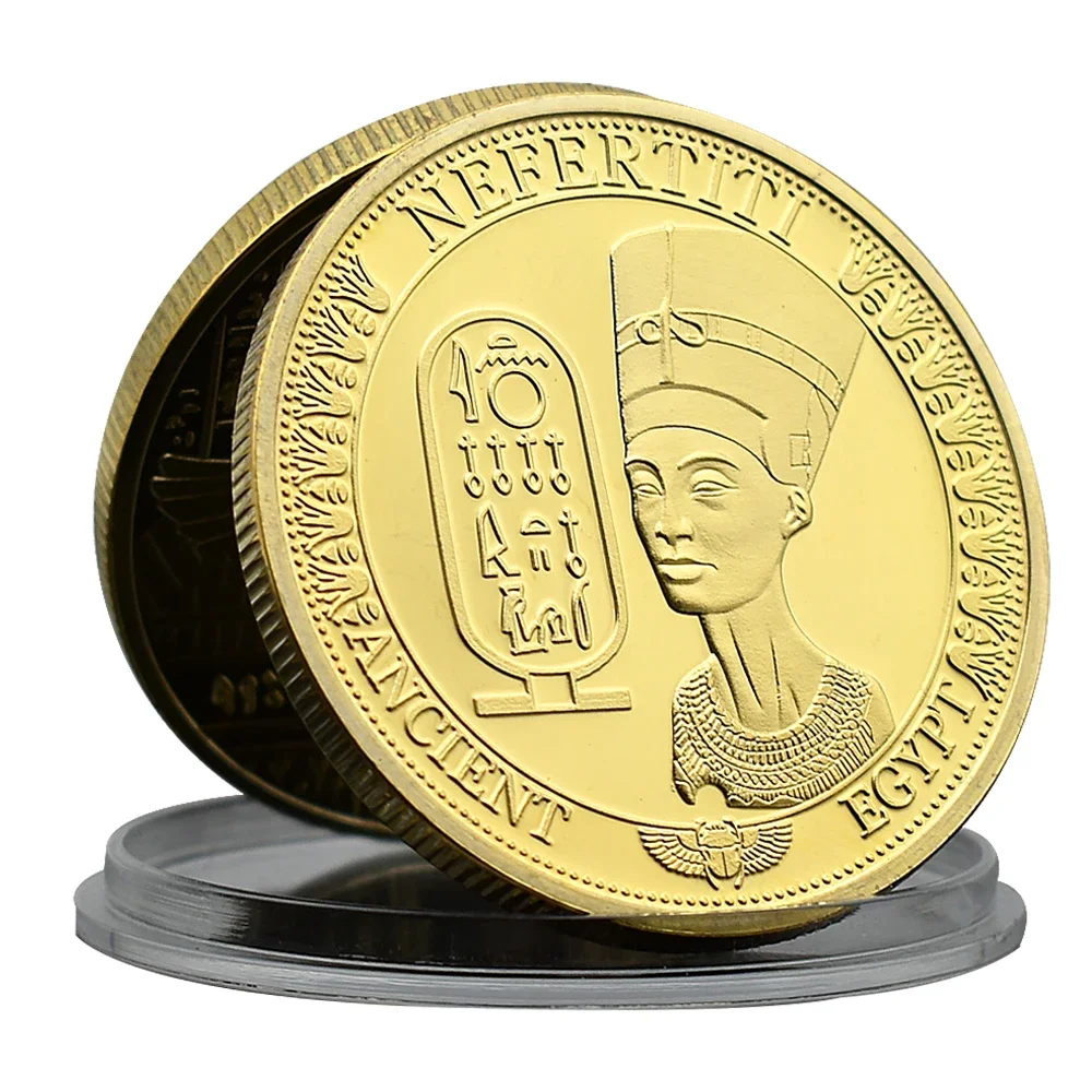 Ancient Egyptian Nefertiti Gold Plated Challenge Coin The Queen of The Pharaoh of Egypt Metal Medal with Plastic Case Art Craft