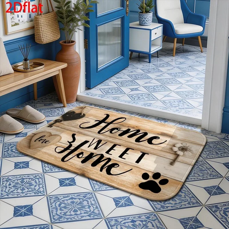 Wood Plank Home Sweet Home Paw Print Key Doormat Non Slip Floor Rug For Entryway Indoor Front Door Use