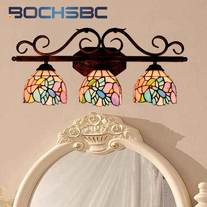 BOCHSBC Tiffany style stained glass mirror headlight bird three head wall lamp for the dining room bedroom bed corridor LED deco