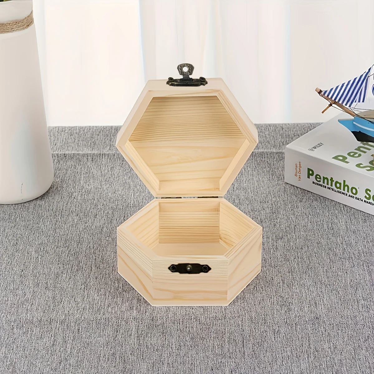 Tragbare Sechseckige Holz-Schmuckaufbewahrungsbox, Desktop-Organizer für Ringe, Halsketten & Kleine Persönliche Accessoires
