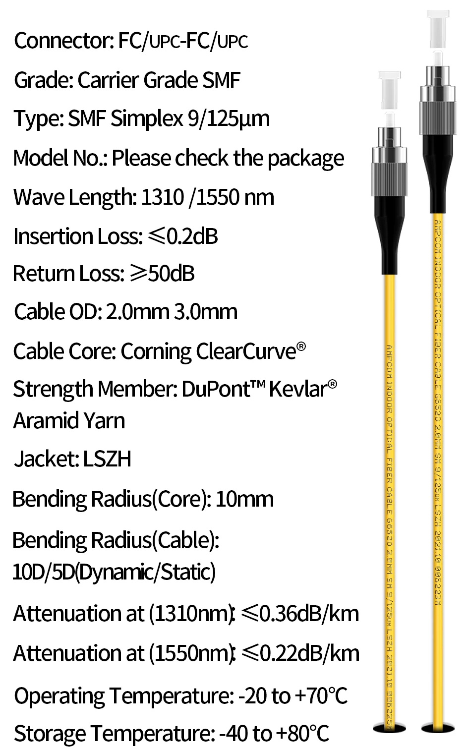 AMPCOM كابل الألياف FC إلى FC وضع واحد كابل تصحيح الألياف البصرية البسيط UPC 9/125μm، OS1/2 SMF 1/2/3/5/10/15 متر LSZH OFNR