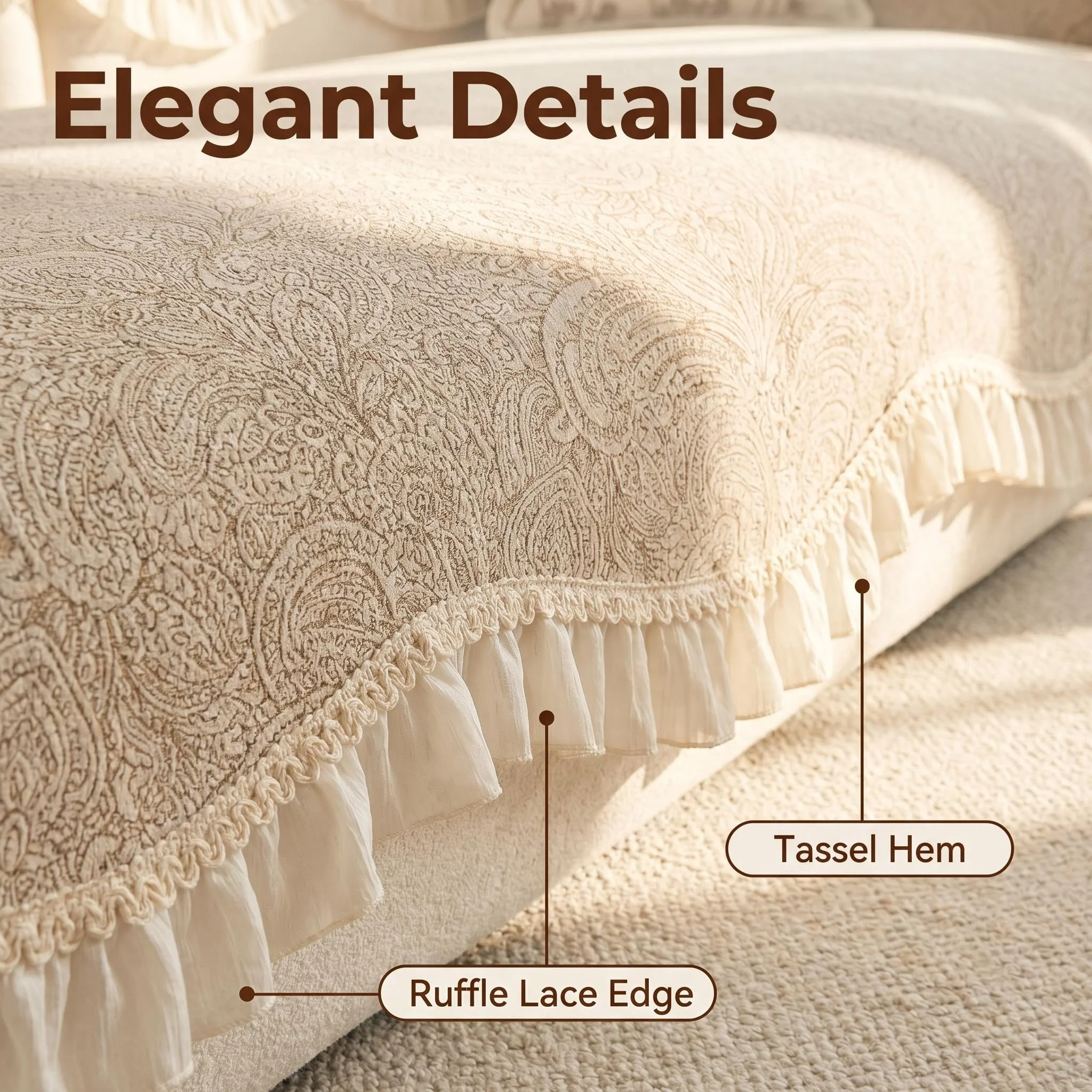 Ruffle Paisley Jacquard Chenille Sofa Cover, for All Seasons Anti-Slip Decorative Sofa Towel Living Room Renovation Slipcover