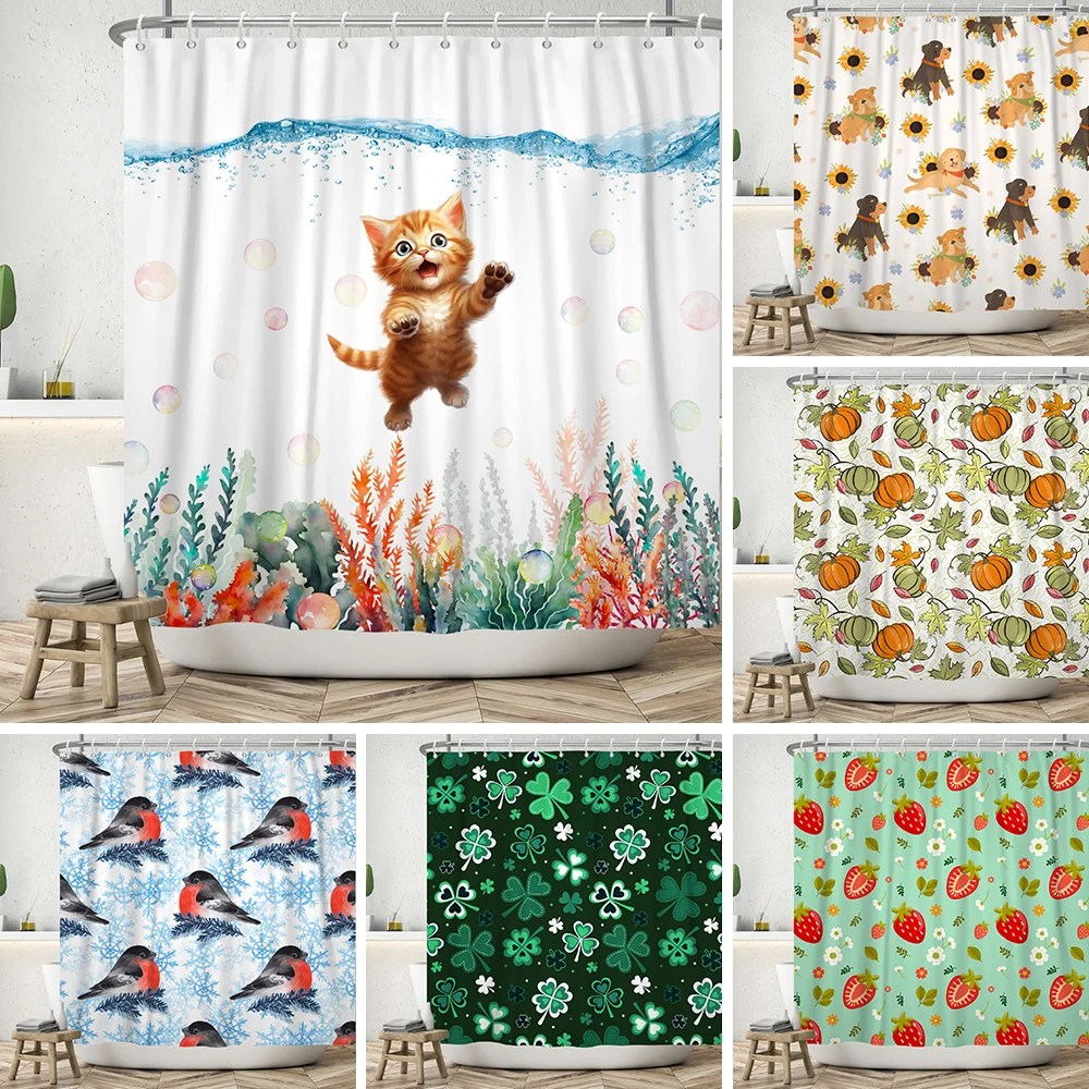 

Cute Cat Cartoon Pattern Shower Curtain Lucky Strawberry Pineapple Cute Dog Shower Curtain Kids Bathroom Waterproof Decoration