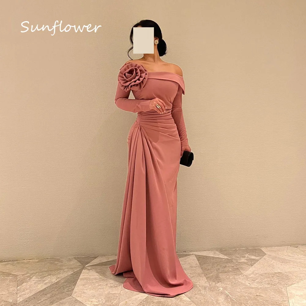 

Sunflower Brick red 3D Flowers Off The Shoulder Mermaid 2024 Slim Crepe Long Ocassion Gown Floor-Length Formal Evening Dress