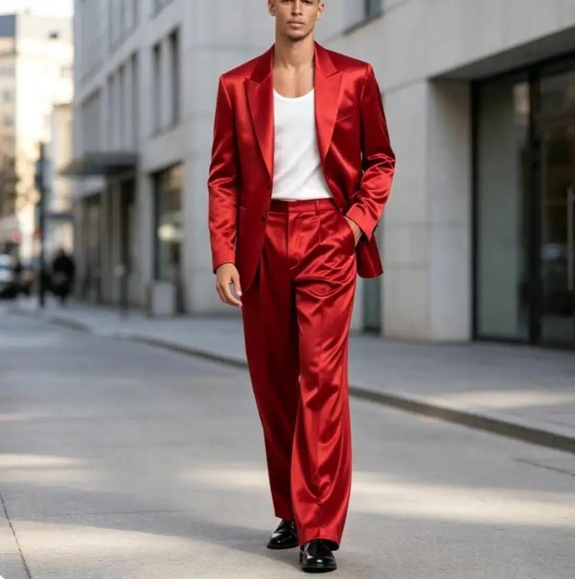Latest Formal Red Satin Evening Men's Suits Single Breasted Peaked Lapel Regular Fit Wedding 2 Pieces Jacket Pants Blazer Terno