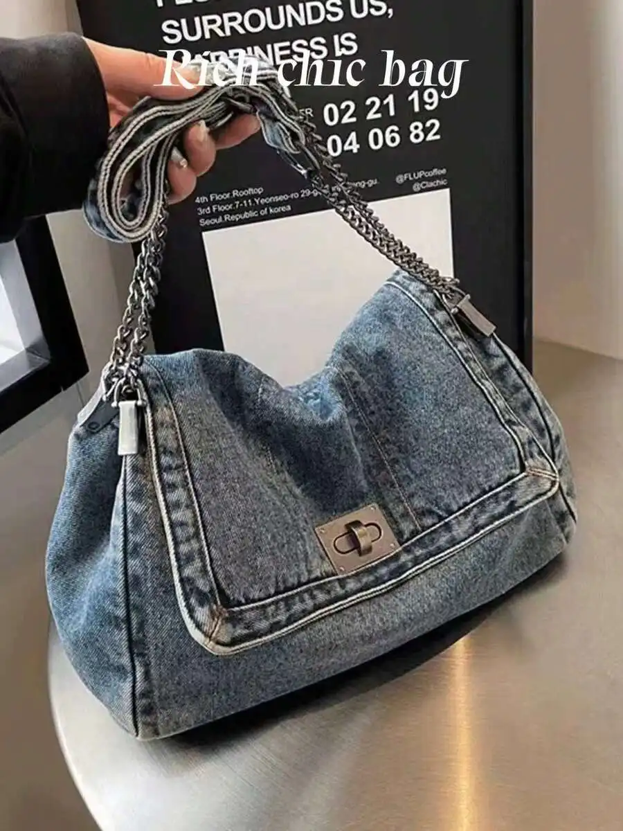 

Baby Blue Quilted Denim Shoulder Bag, Metal Chain Retro Large Capacity Bag for Women Daily Outing Gift